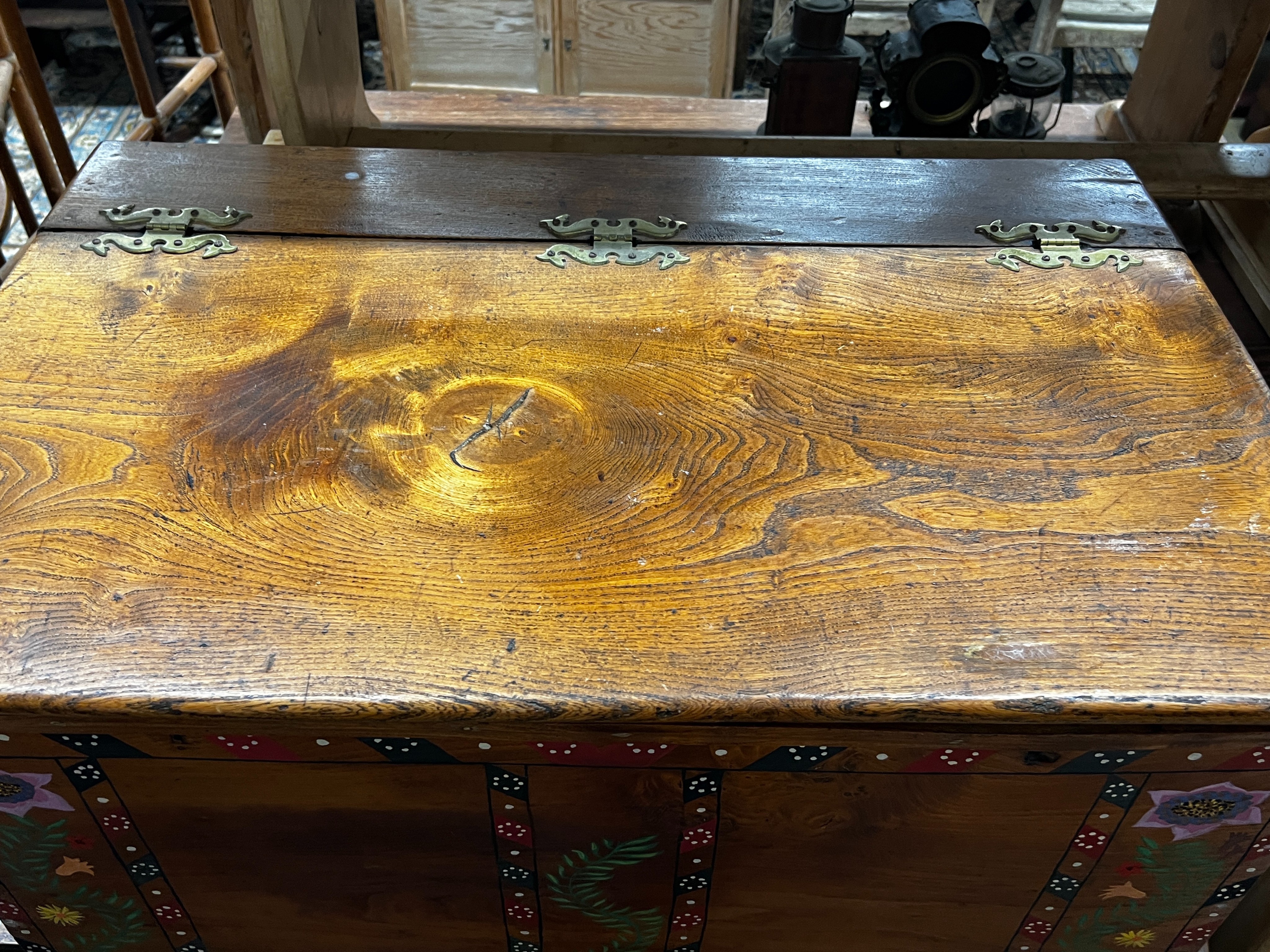 A 19th century later painted elm trunk, length 78cm, width 50cm, height 49cm